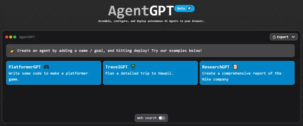 AgentGPT main interface
