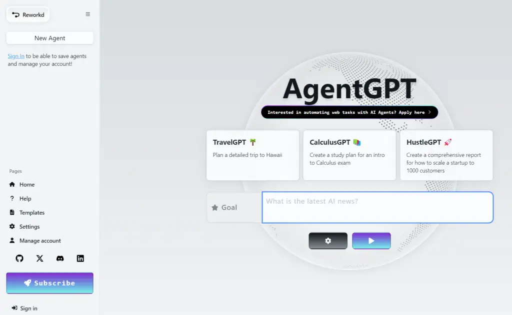 Agent GPT Reworkd new user interface