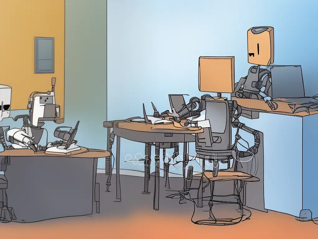 A cartoon image of a robot sitting in a desk in front of a bank.