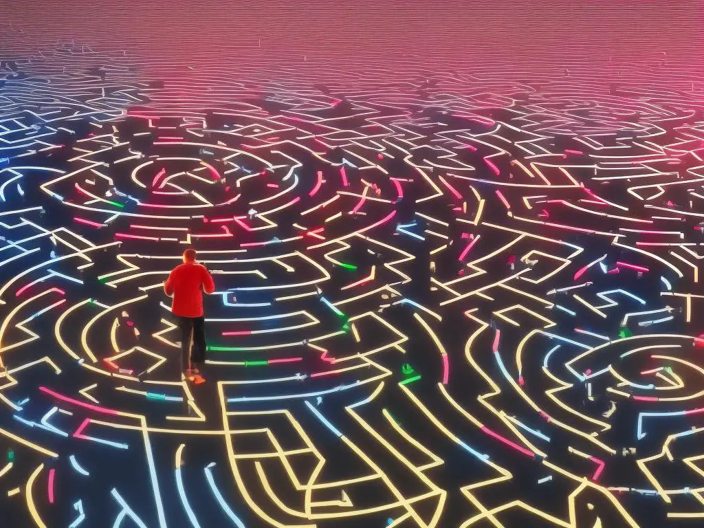 A person navigating their way through a maze that is shaped like the letters GPT AI, surrounded by the logos of various technology companies.