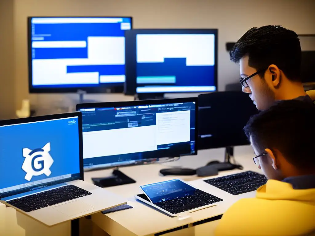 A programmer in front of a computer screen with code on it, holding a coffee mug with GitHub and GPT-3 logos on it.