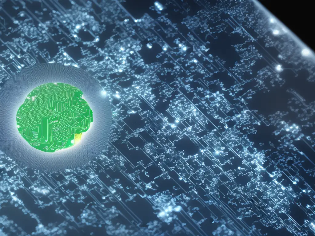 A computer screen with a picture of a brain and circuit board with a magnifying glass emphasizing a section of the picture.