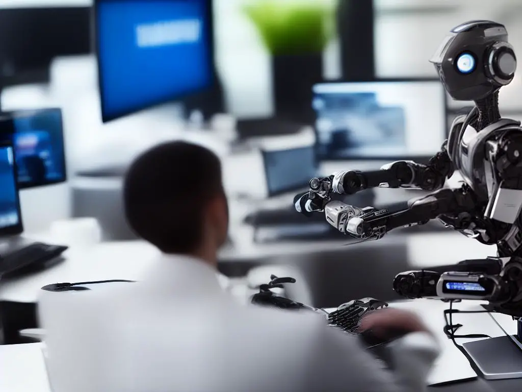 A robot sitting on a desk typing on a keyboard with text appearing on the computer screen.