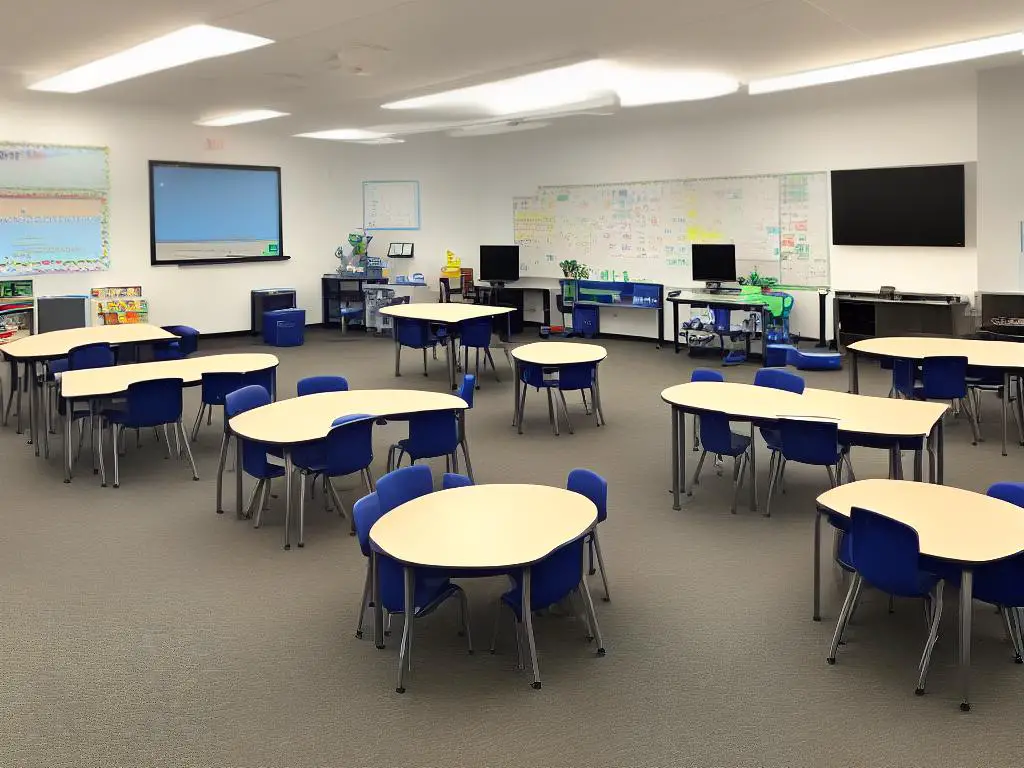 An image of a school classroom with AI chatbots used to teach the students.
