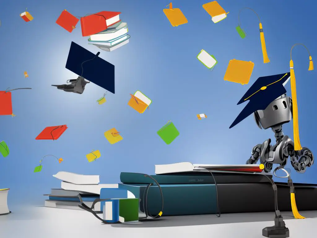 Illustration of a robot reading a book and a graduation cap floating on top, representing the use of AI in education.