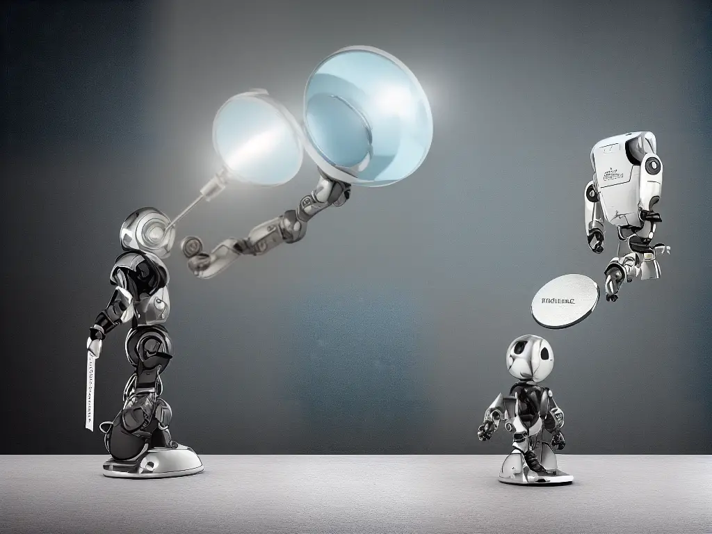 A cartoon drawing of a robot holding a balance scale with one hand and a magnifying glass in the other hand looking at a list of values including fairness, equity, accuracy, reliability, privacy and responsibility.
