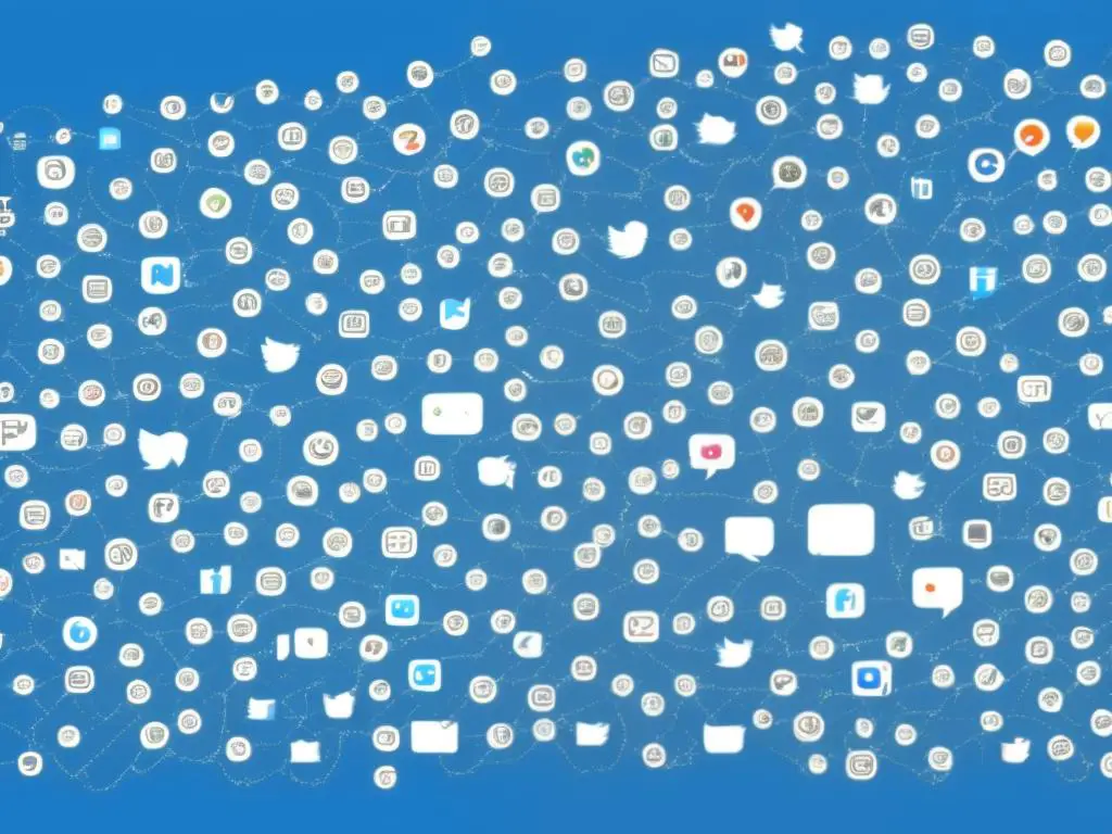 A cartoon graphic showing different social media platforms like Facebook, Twitter, Instagram, and LinkedIn, connected by lines to a computer monitor displaying analysis results.
