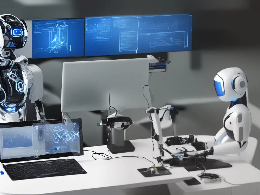 Image of an AI robot sitting at a desk and talking to a customer on a computer screen.