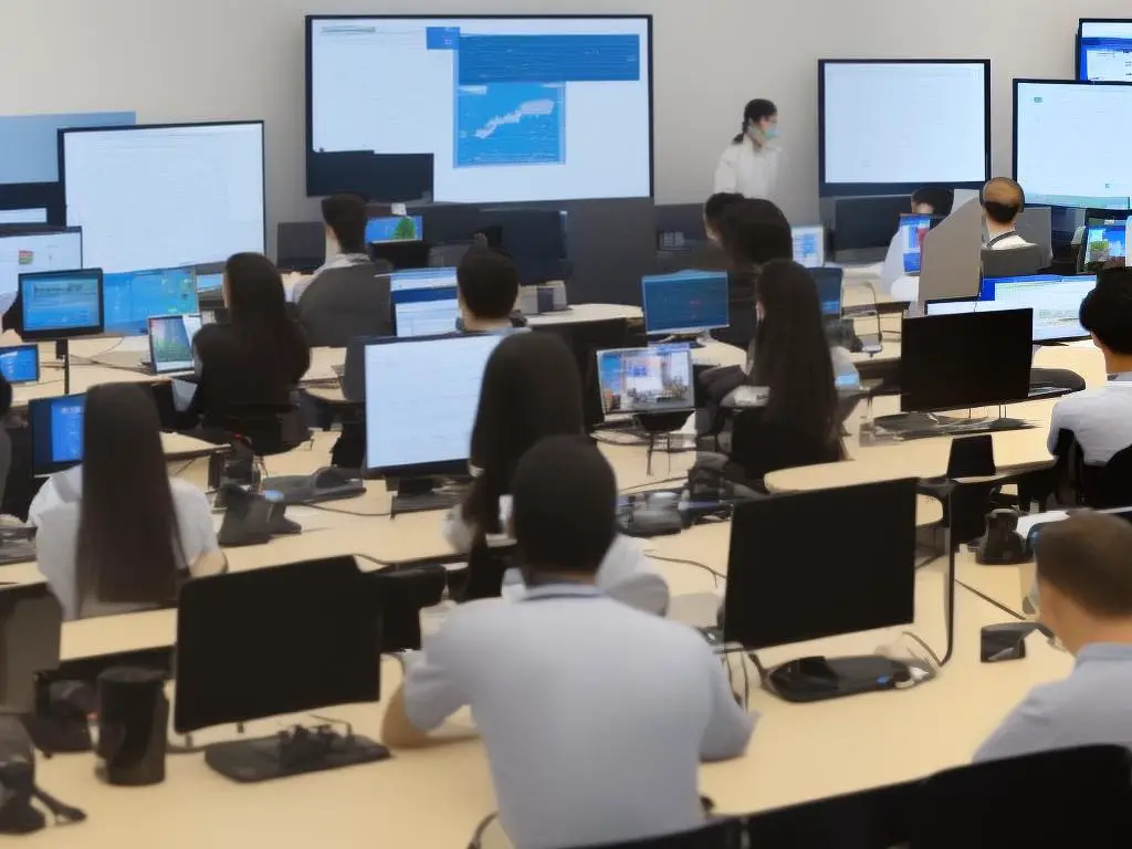 A group of students using computers in a classroom with a background of digital data and AI symbols