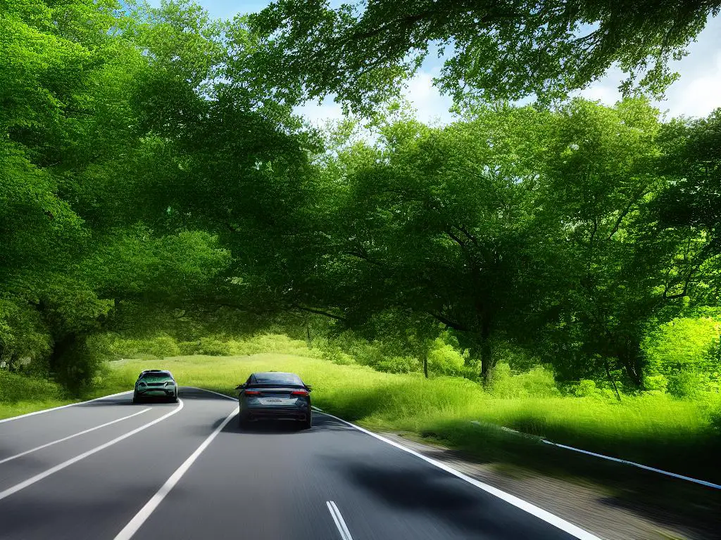 An image of autonomous vehicles driving on a road through a green environment.