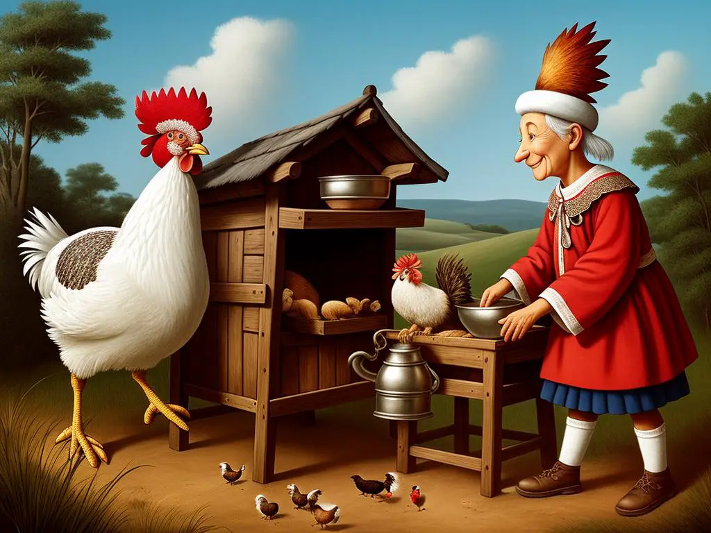 Illustration of Babyagi, an old woman with a long nose and iron teeth, riding a mortar and pestle and living in a movable hut balanced on chicken legs with a rooster's head atop, representing the enigmatic character of Babyagi in Slavic folklore.