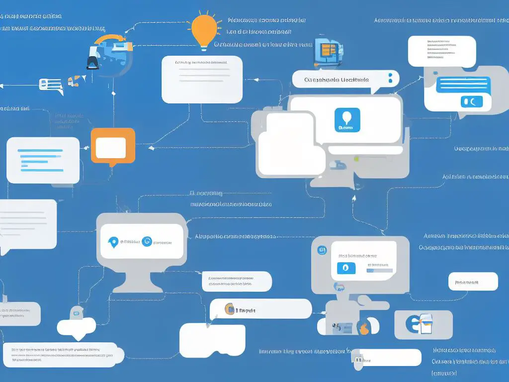 A diagram showing how a chatbot works, with input from a user going through natural language processing, the chatbot analyzing the data, and providing a response.