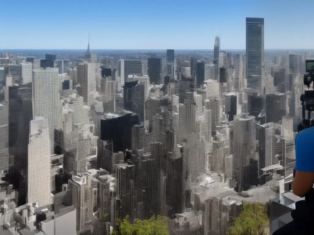 An image of a person sitting at a desk, looking at a computer screen with an image of a city in the background. The person is holding a camera and focusing it on the screen.