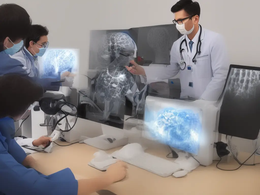An illustration of a person holding a medical image with computer-generated colored images of anatomical structures and a doctor looking at the image beside the person. The medical image is labelled as an X-ray. Autonomous AI Agents in Healthcare
