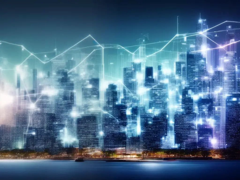 A graphic showing a laptop screen displaying a financial chart overlapped by a neural network depiction symbolizing deep learning and a futuristic cityscape in the background.