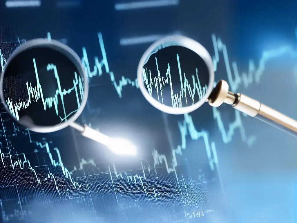 Image of a magnifying glass over stock market data, representing the use of deep learning in finance.