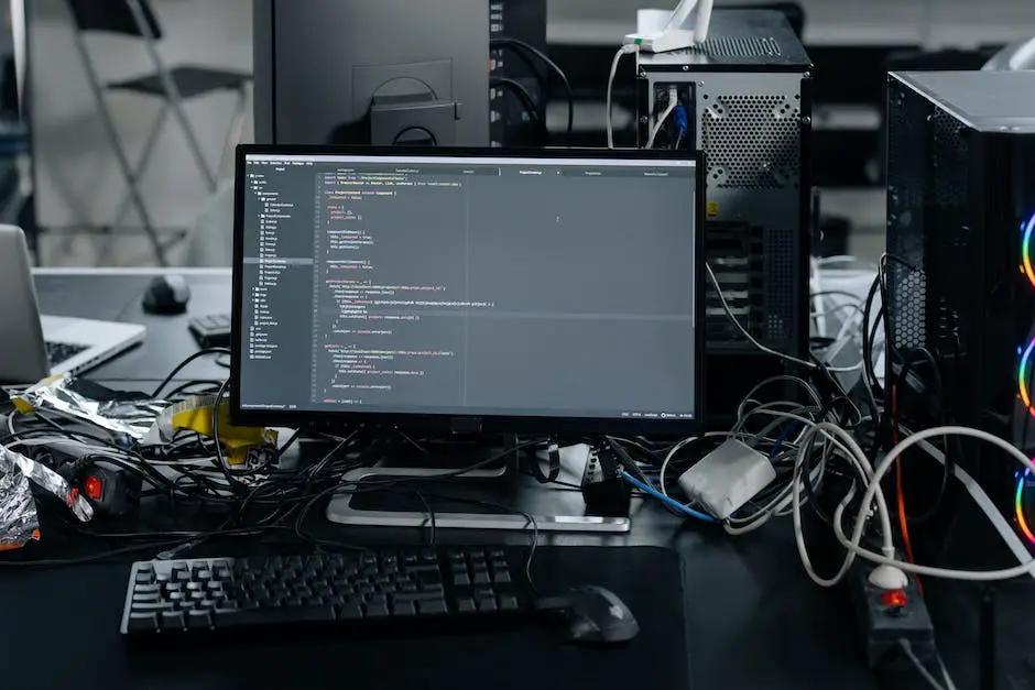 Image showing a developer's workspace with a computer, code editor, and coffee mug.