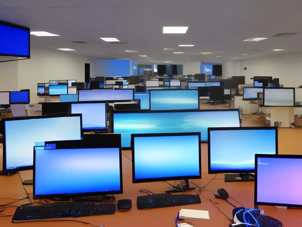 An image of a technology room with different computer screens, showing different colors.