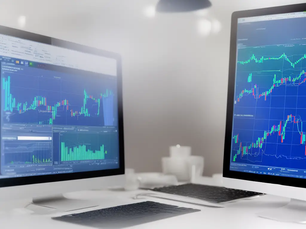 An image of a computer with financial charts and graphs on the screen, with a reinforcement learning algorithm learning and adjusting its strategies.