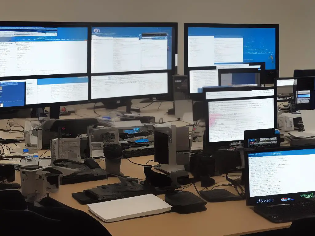 A picture of computer code representing GPT models in use, multiple screens showing and analyzing text