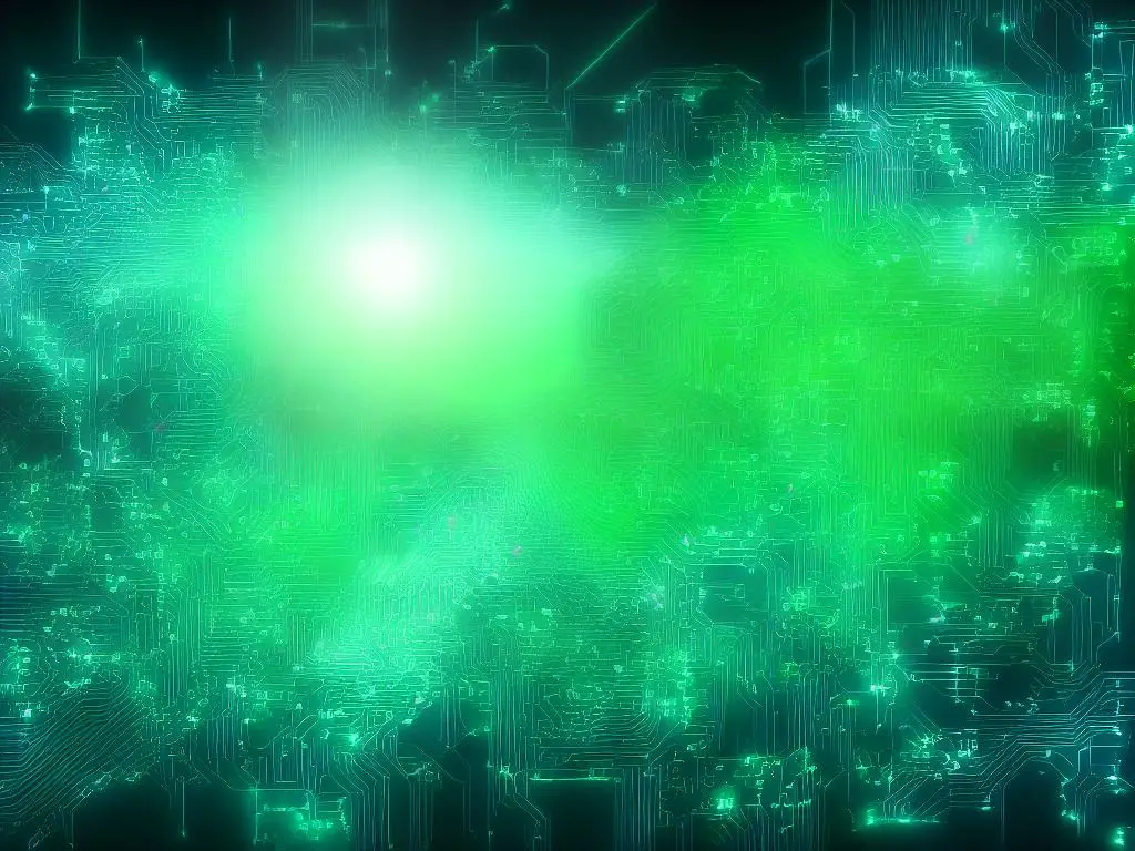 A computer generating text and code with green and blue digital effects.