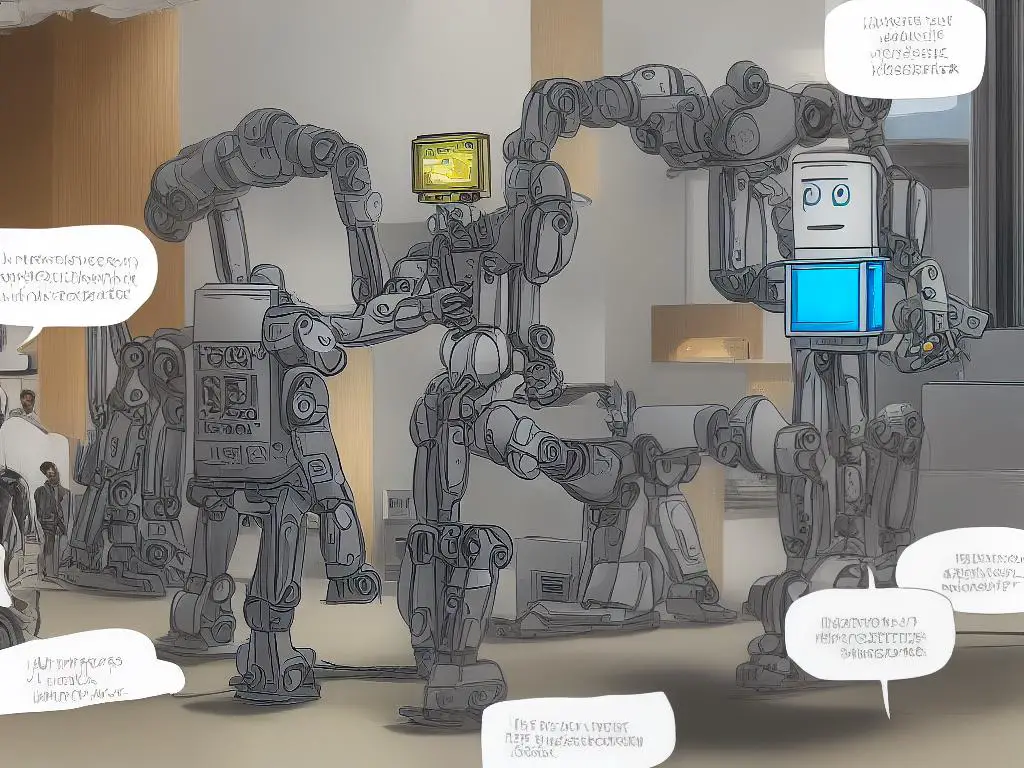 A cartoon of a robot holding a book with the words GPT technology on it. Other robots in the background are looking on impressed.