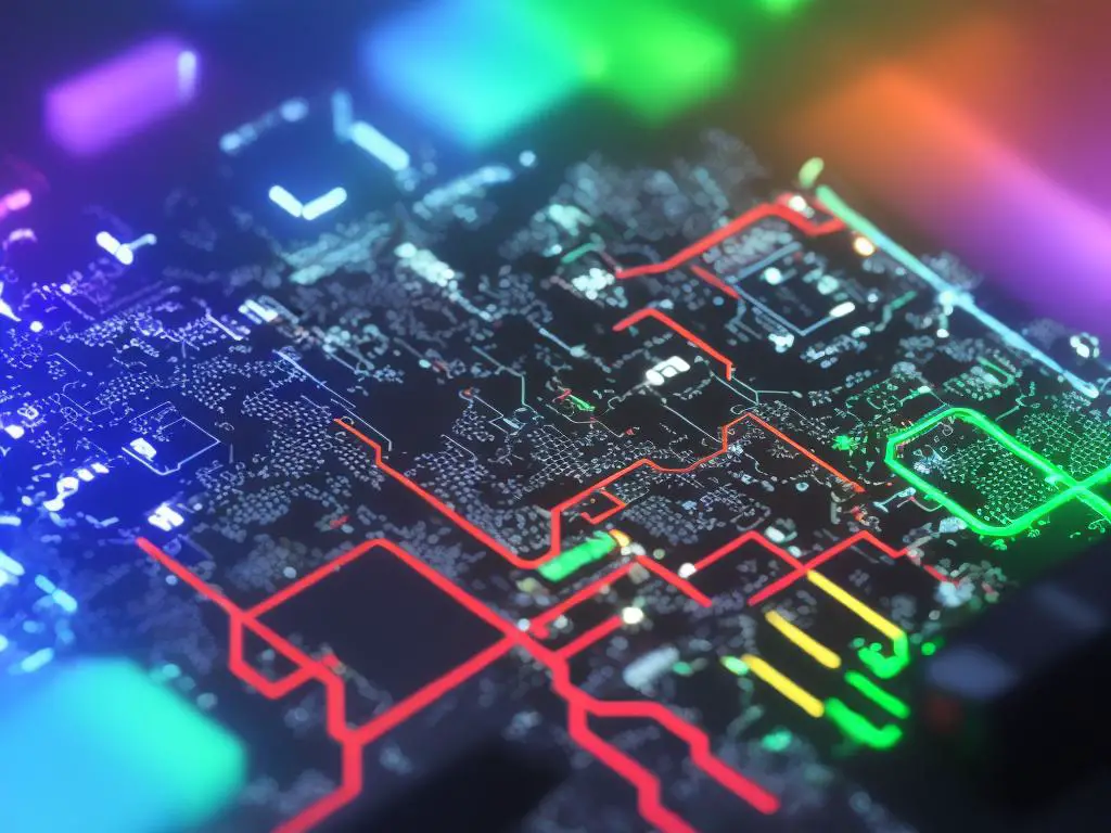 Artistic image of computer hardware with colorful electric circuits running through them, representing the complexity and speed of modern hardware technology for AI and machine learning.