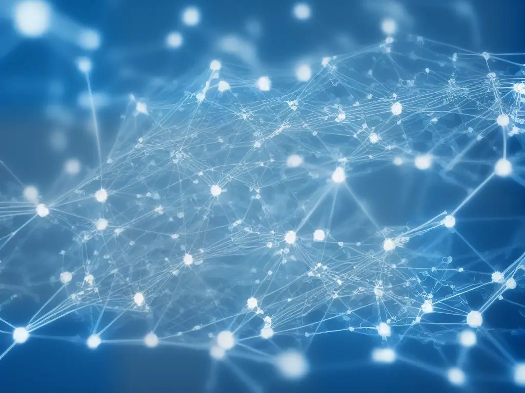 Illustration showing a network of interconnected nodes representing a neural network used in finance and banking for algorithmic trading, credit scoring, and fraud detection.