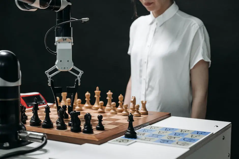 An illustration of a robot arm playing a game of chess to demonstrate reinforcement learning.