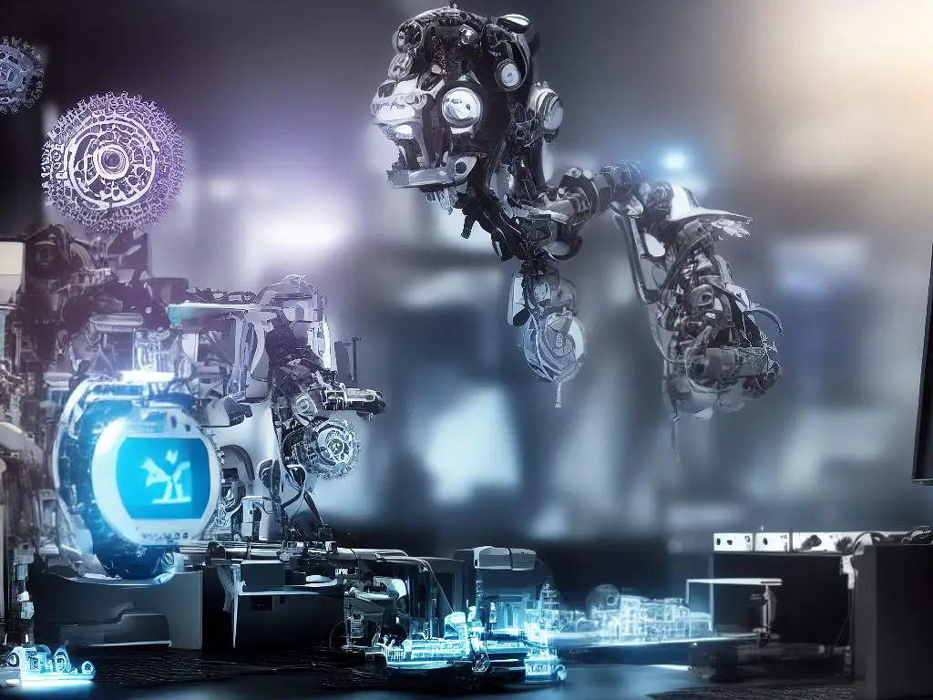Illustration of a robot in front of a desk with a computer screen, surrounded by gears and cogs representing the complexity of large-scale AI models