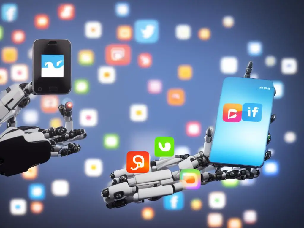 A robot hand holding a smartphone with social media marketing logos in the background.