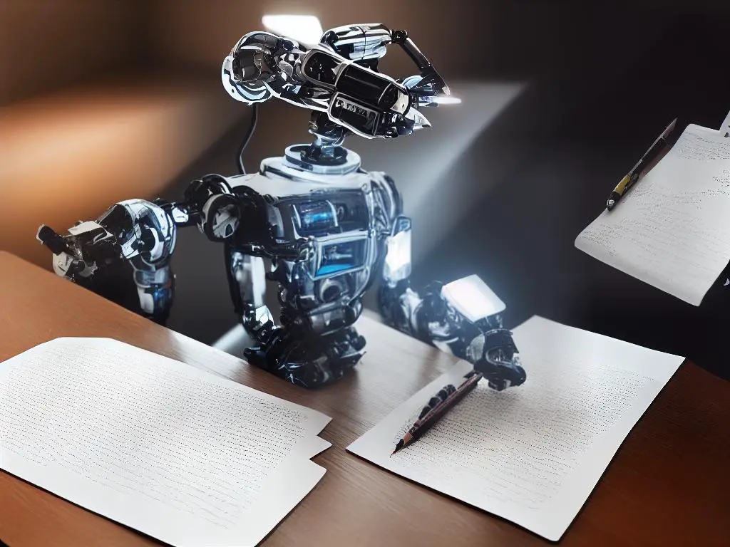 Robot holding a pencil and paper, thinking of words to write.