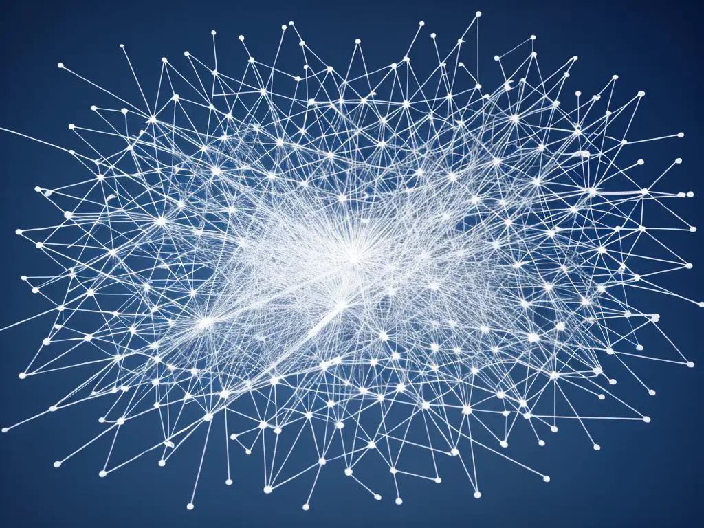 A visualization of topic modeling, with various words categorized and connected in a network.